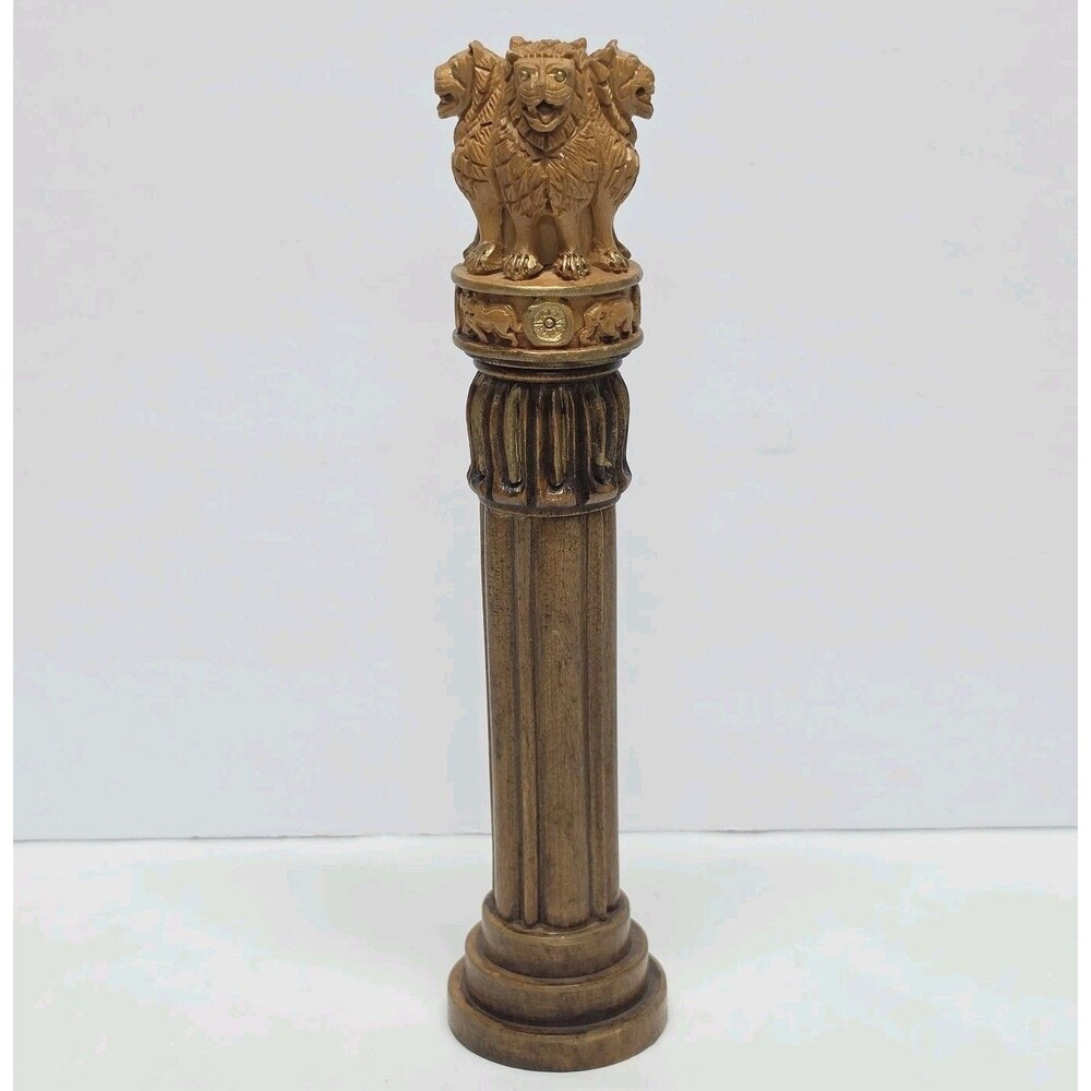 Indian Hand Carved Wooden Ashoka Stambh Pillar Figurine Signed Folk Art